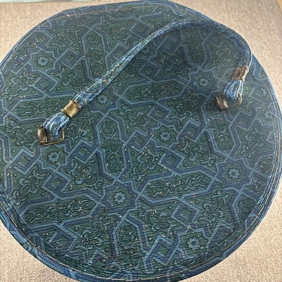 Rare 1950s Vintage Round Hat Box Blue Teal Geometric Atomic Print Zipper Case main image 7